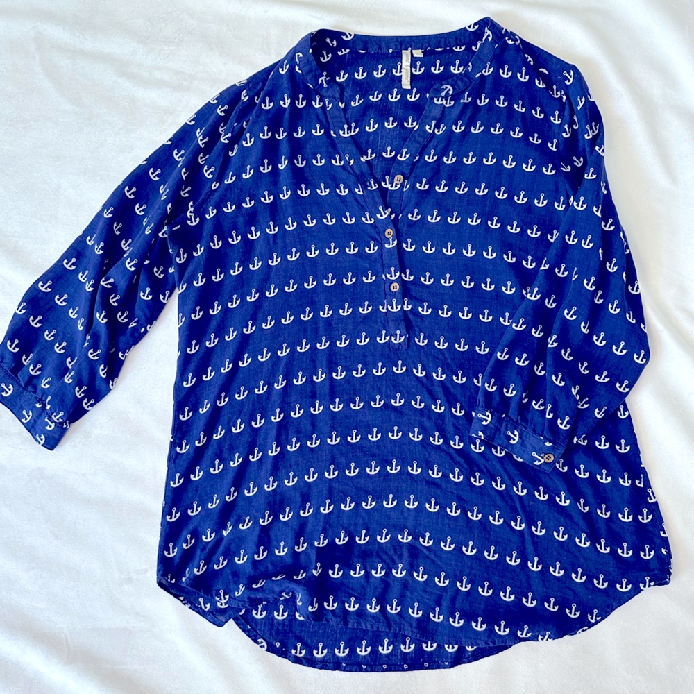 Grand &‎ Greene Navy Anchor Henley V-neck Tunic Size L